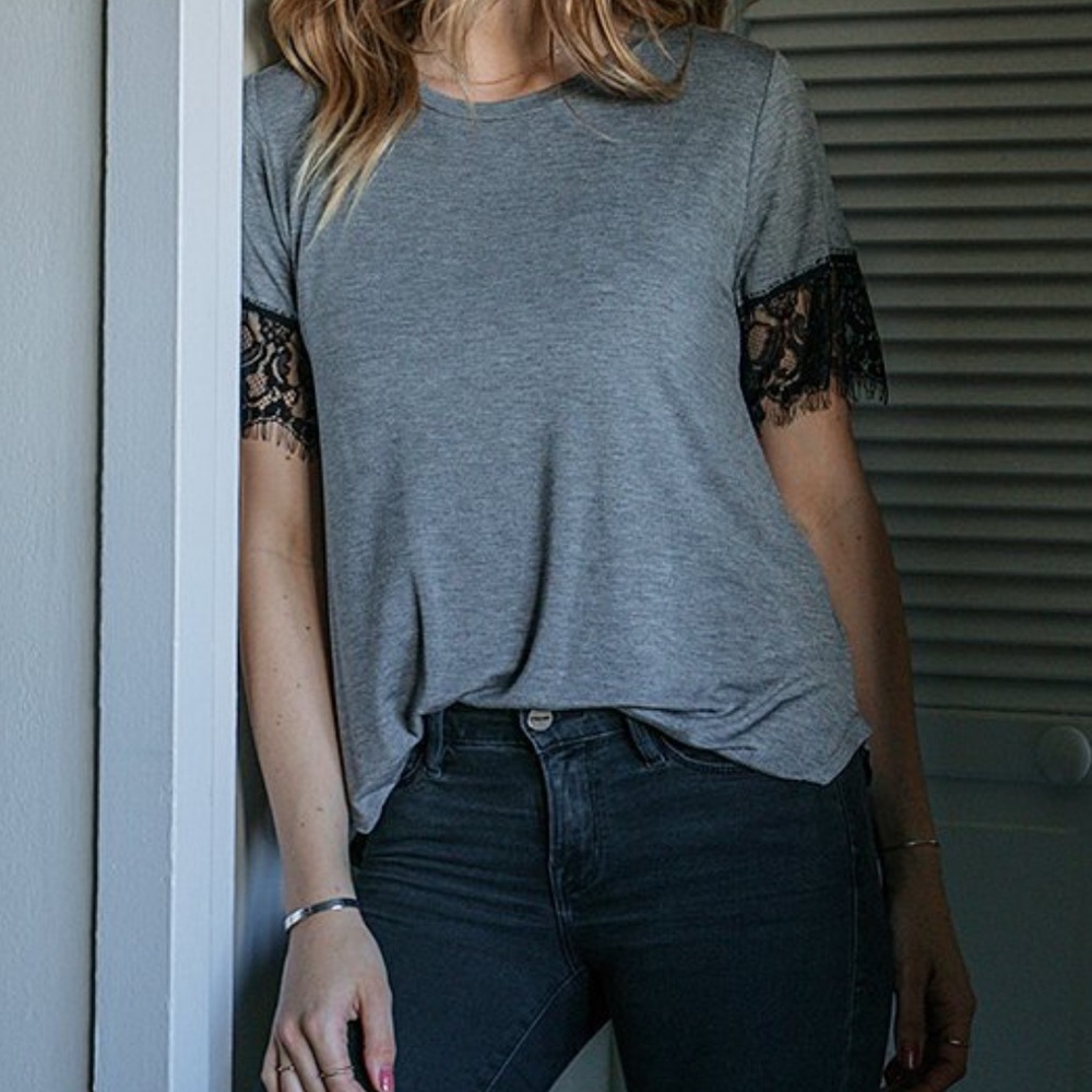 Cute Lace Sleeve Grey T-shirt - XL